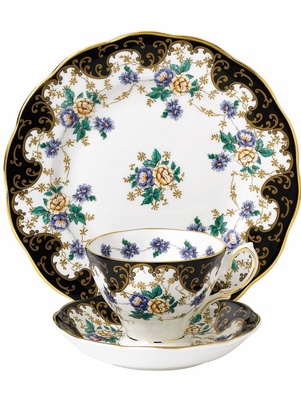 Royal Albert Black, Gold, White & Blue Floral Bone China Tea Trio